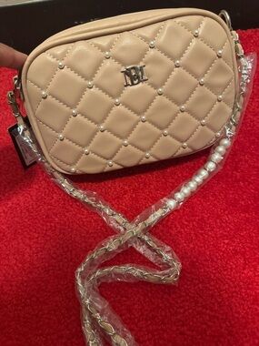 Badgley Mischka Quilted Pearl-Accent Crossbody - Beige